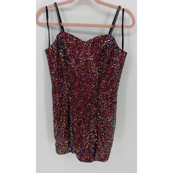 Sequined Red Mini Dress With Beaded Straps & Sweetheart Neckline - Picture 2 of 9
